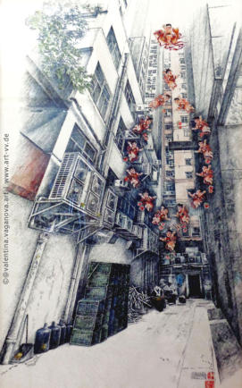 Serie "HONG KONG.ZWISCHENRÄUME" | Zeichnung | Fineliner, Filzstifte | 120 x 65 cm | 03.08.2013