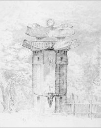  “Gartentor mit Ochsenschädel“ | Zeichnung | Silberstift auf Papier | 32,5x46,5 cm | 1999
